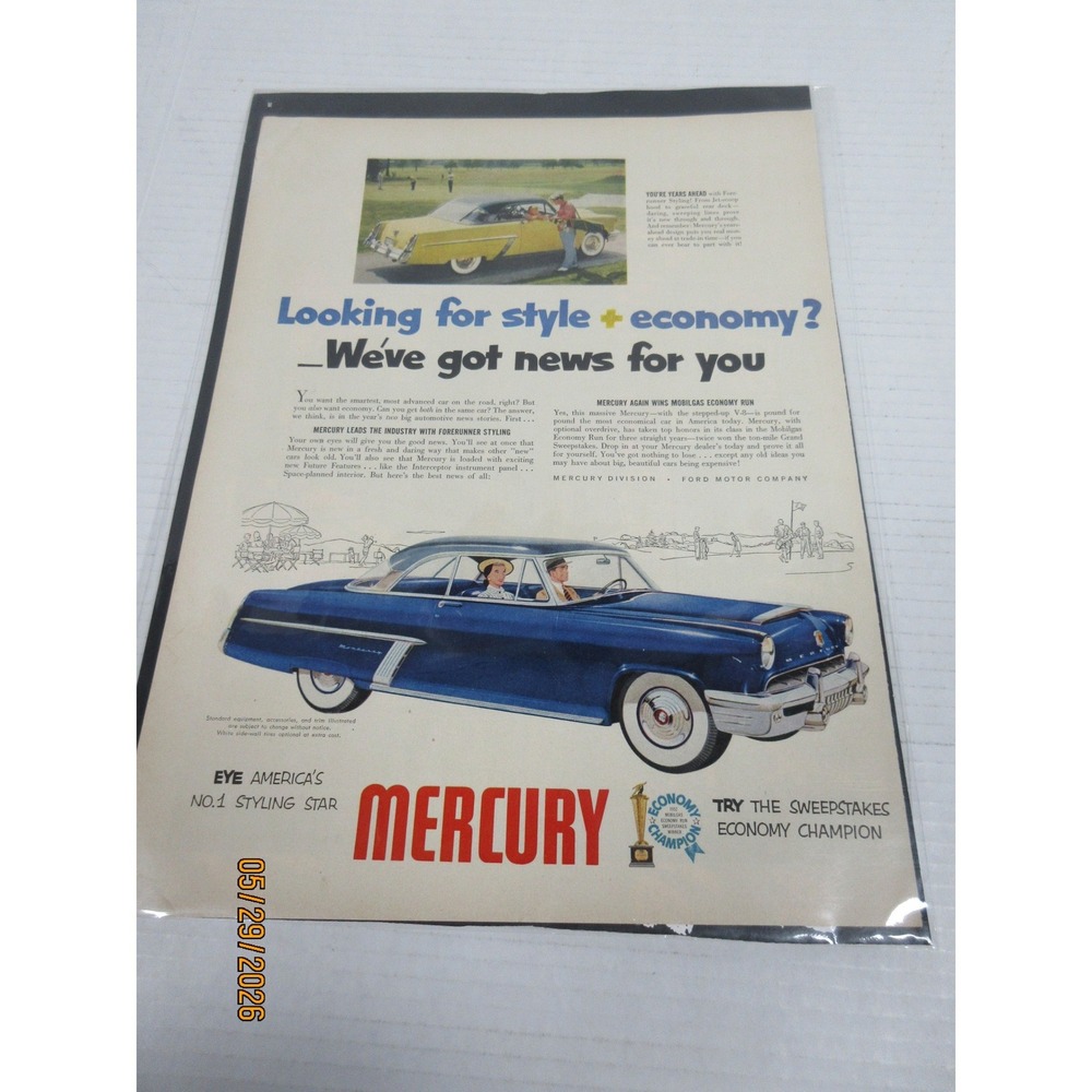 Vintage 1950s Mercury Ford Motor Company Print Ad Blue Yellow Sedan Car Decor